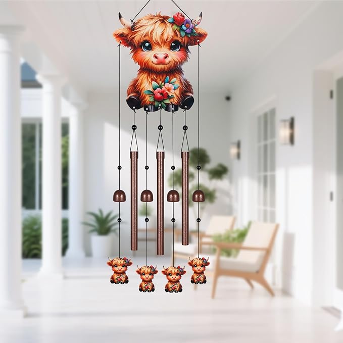 Gifts for Mom, Wind Chimes for Outside Perfect for Outdoor Gardens Patios Home Decor, Features Melodious Tones Create a Zen Atmosphere, Retirement Gifts for Women Men(Colorful Highland Cow