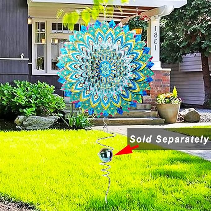 Peacock Wind Spinner,12.1in Green Bird Feather Style Spinner Hanging Ornaments,3D Kinetic Art Garden Sculptures,Sun Catcher Outdoor Metal Large Spinning Yard Decor,Big Craft Decorations for Garden