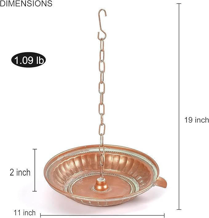 Rain Chain Anchoring Basin, 11” Dia Metal Patina Hammered Rain Chain Downspout Gutters for Outdoor Garden, Bowl for Rain Chain Spill Over with Scupper Pour Spout, Matte Coppery Decorative