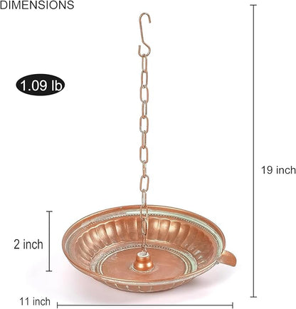 Rain Chain Anchoring Basin, 11” Dia Metal Patina Hammered Rain Chain Downspout Gutters for Outdoor Garden, Bowl for Rain Chain Spill Over with Scupper Pour Spout, Matte Coppery Decorative