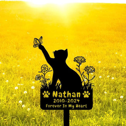 Custom Butterfly Cat Grave Marker Outdoor Metal Memerial Stake, Personalized Cat Memorial Grave Marker with Paws, Customized Flowers Cat Memorial Statue Plaque Garden Stake Cat Headstone