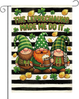 St Patricks Day Gnome Garden Flag The Leprechauns Made Me Do It Shamrock Irish March Black and White Stripes Garden Flag St Patricks Day Double Sided House Flag for Outside Yard Decorations 12×18 Inch