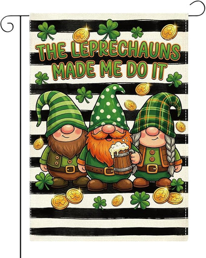 St Patricks Day Gnome Garden Flag The Leprechauns Made Me Do It Shamrock Irish March Black and White Stripes Garden Flag St Patricks Day Double Sided House Flag for Outside Yard Decorations 12×18 Inch