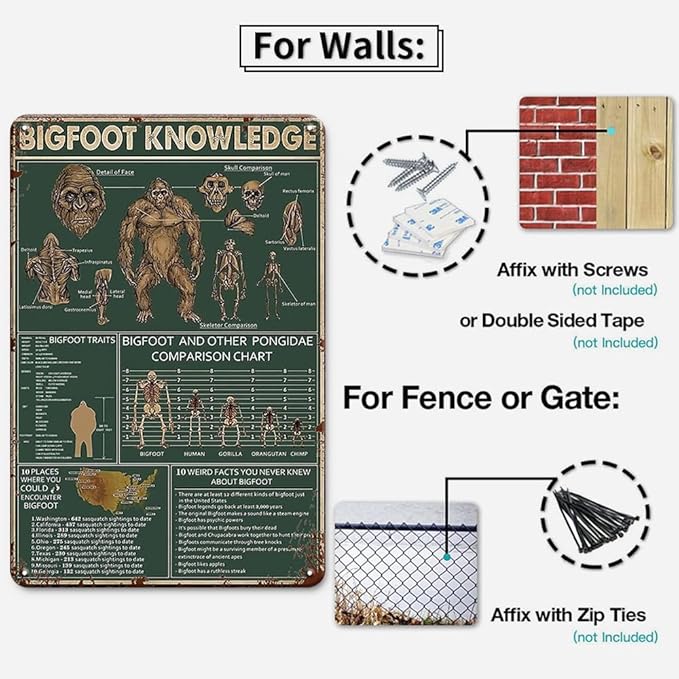 Sasquatch Bigfoot Gifts for Men Bigfoot Knowledge Bigfoot Vintage Tin Sign, Bigfoot Yard Decor 8x12 Inches Bigfoot gifts for Men