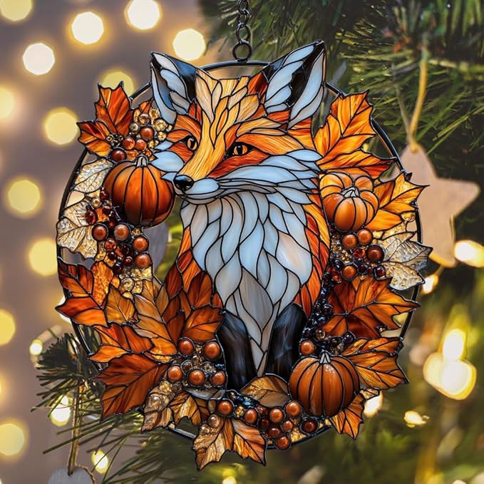 Autumn Cute Fox Acrylic Suncatcher Stained Glass Effect Window Car Hanging Christmas Ornament Indoor Outdoor Decor Garden Sun Catcher Panel for Fox Lover for Women Mom Grandma