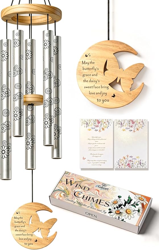 Modern Wind Chimes for Outside, 32" Daisy Print Wind Chime with Butterfly Pendant for Birthday, Mother's Day, Unique Gifts for Women, Garden Yard Patio Porch Home Hanging Decor(Silvershine)