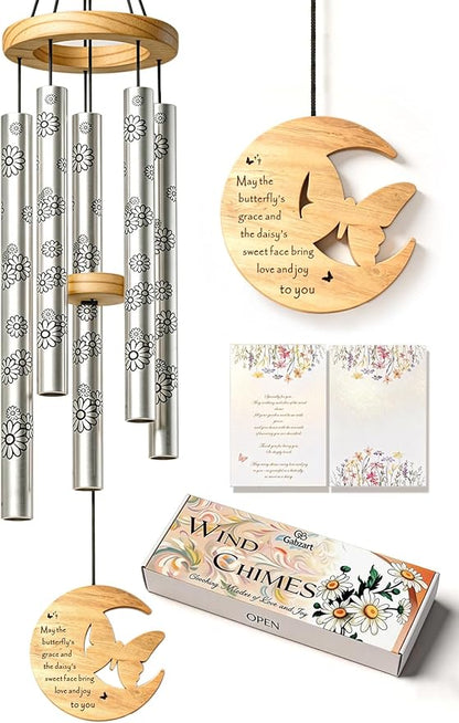 Modern Wind Chimes for Outside, 32" Daisy Print Wind Chime with Butterfly Pendant for Birthday, Mother's Day, Unique Gifts for Women, Garden Yard Patio Porch Home Hanging Decor(Silvershine)