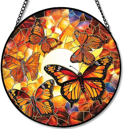 Stained Glass Window Hanging - Dragonfly in Garden 11.8in Sun Catchers Indoor Stained Glass Panels Wall Decor for Mom Wife Lovers Festive