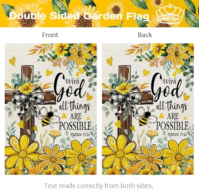 CROWNED BEAUTY Summer Garden Flag Floral Cross God 12x18 Inch Double Sided Small Yellow Seasonal Holiday Decoration for Outside Yard