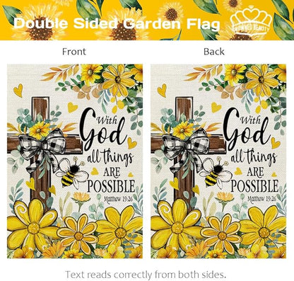 CROWNED BEAUTY Summer Garden Flag Floral Cross God 12x18 Inch Double Sided Small Yellow Seasonal Holiday Decoration for Outside Yard