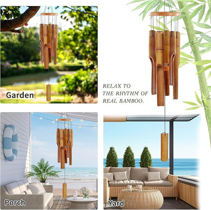 Bamboo Wind Chimes for Outside,Wooden Wind Chimes with Melody Soothing Tone,32" Classic Zen Bamboo Windchime for Porch Patio Garden or Indoor(Dark Brown)(FSC Certified)
