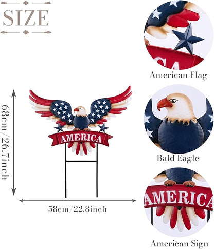 TERESA'S COLLECTIONS 4th of July Decorations for Outdoor, Patriotic Memorial Day Garden Decor, Eagle Metal Yard Art Sign for Outside, Americana Garden Stake for Lawn, Independence Day Gifts, 26.7''