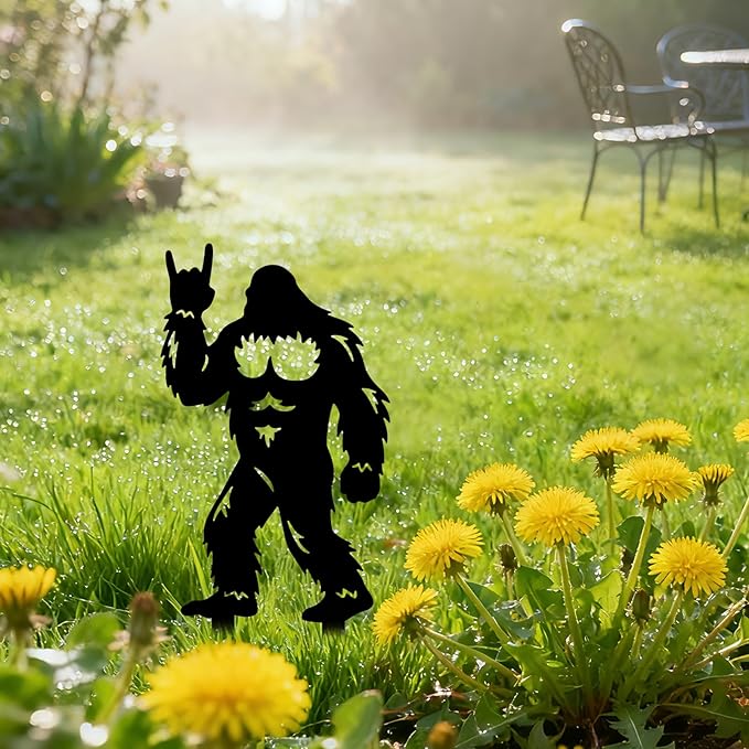 GLOBLELAND 2pcs Savage Mental Garden Stakes Black Silhouette Sasquatch Decorative Yard Stakes Trees Metal Outdoor Art Decor for Yard Patio Lawn Walkway Ornament