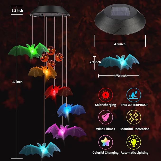 Bat Solar Lights Wind Chimes for Outside Garden Decoration, Color Changing Halloween Lights Wind Chimes with Pumpkin Bells, Bat Solar Chimes Outdoor Waterproof for Garden Patio Yard Porch Party Decor