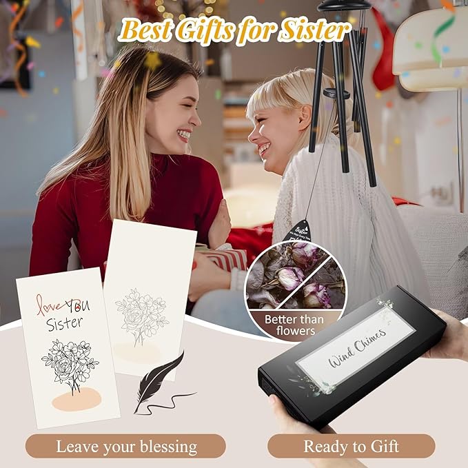 Gifts for Sister, 25''Wind Chimes Black, Birthday Gift for Sisters, Thanksgiving, for Sisters，Soul Sister Gifts Ideas for Women