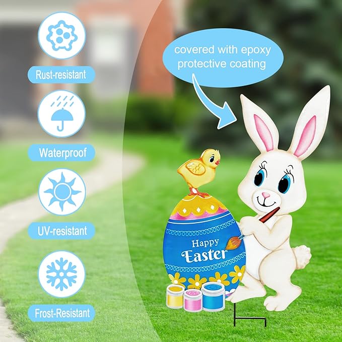 Easter Decorations Outdoor,4 Pack Metal Egg Bunny Yard Signs for Outside,Cute Easter Chick Decorations Garden Stakes for Lawn,Yard,Rabbit Gifts for Women