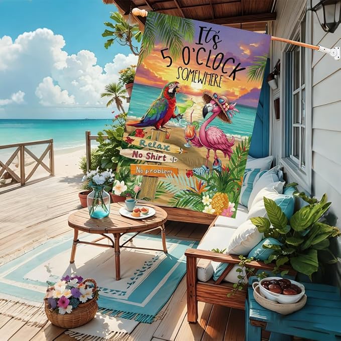 Baccessor Summer House Flag 28 x 40 Inch, Flamingo Its 5 O'Clock SOMEWHERE Double Sided Burlap Welcome Large Yard Flag Seasonal Holiday Lawn Proch Outdoor Outside Decor