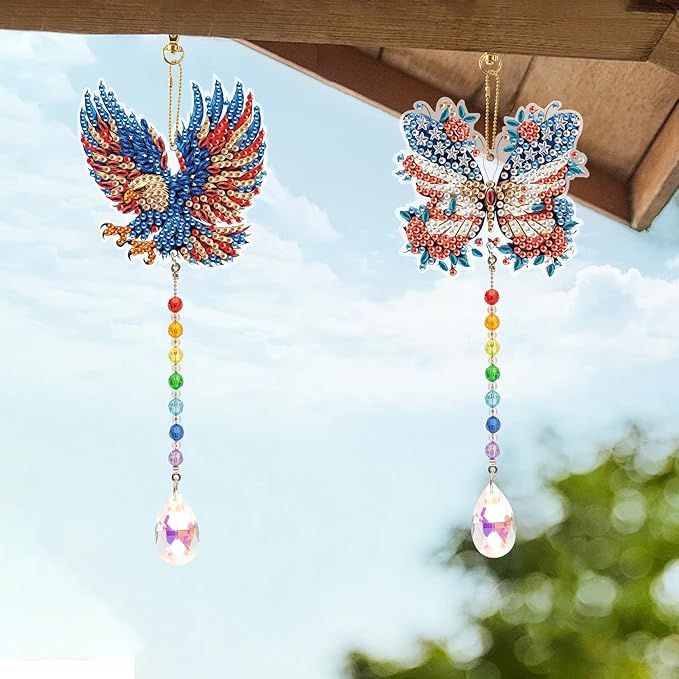 2pcs Diamond Art Painting Wind chime with Crystal pendant, DIY Eagle and Butterfly Double-sided design Special Shape Acrylic Crystal Diamond Art Ornament, Home Window Garden Hanging Pendant Decoration