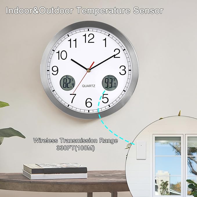 jomparis Outdoor Clock with Outdoor and Indoor Thermometer Combo,12 Inch Metal Frame Outdoor Wall Clock for Patio Pool (Silver)