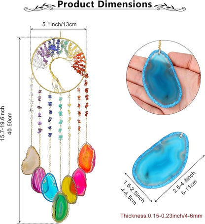 Yoption Tree of Life Agate Slice Wind Chime, Handmade 7 Chakra Healing Crystal Stone Wind Chime for Home Wall Garden Decorative Ornament, Unique Gift