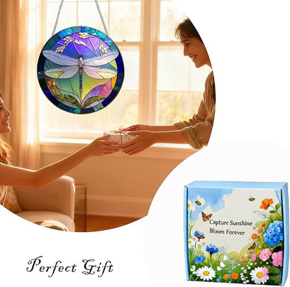 Suncatcher Dragonfly Stained Glass Suncatchers Stained Glass Ornament for Home Decor Indoor Wall Art Gift for Mother Women Friends (Dragonfly, M)