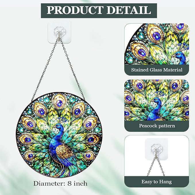 Peacock Stained Glass Window Hanging – Round Bird Suncatcher with Chain, Colorful Glass Ornament for Living Room Bedroom Home Garden Decor Gift, 8 Inch