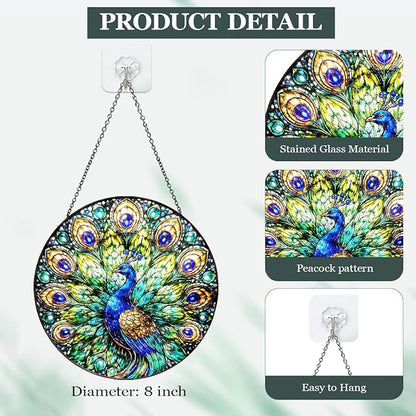 Peacock Stained Glass Window Hanging – Round Bird Suncatcher with Chain, Colorful Glass Ornament for Living Room Bedroom Home Garden Decor Gift, 8 Inch