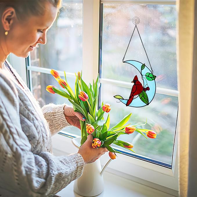 Cardinal Birds Decor Stained Glass Suncatcher,Red Cardinal Memorial Gifts for Mother,Stained Glass Birds Window Hangings Moon Decor,Bird Gifts for Bird Lovers Women Grandma