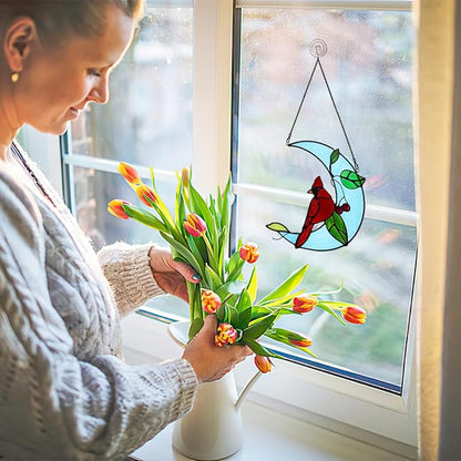 Cardinal Birds Decor Stained Glass Suncatcher,Red Cardinal Memorial Gifts for Mother,Stained Glass Birds Window Hangings Moon Decor,Bird Gifts for Bird Lovers Women Grandma