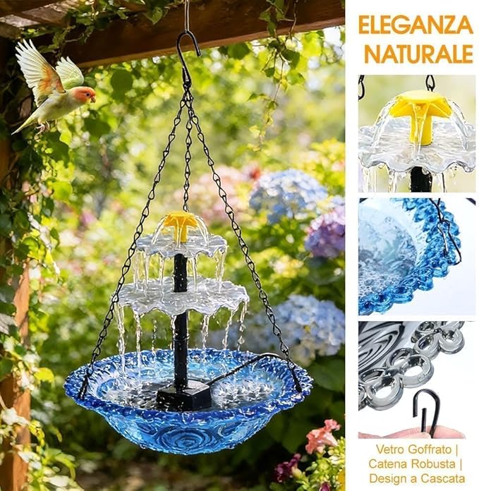 Solar Powered Hanging Bird Bath Fountain, Glass Bowl Solar Water Fountain for Outdoor Garden (Pink)