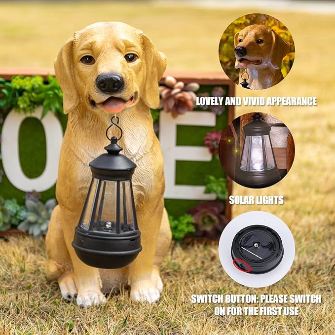 Garden Dog Statues Outdoor Decor, Golden Retriever Yard Outdoor Statue with Solar Lantern Lights Decorations Solar Dog Ornaments for Patio, Lawn, Yard Art Decoration, Housewarming Garden Gift