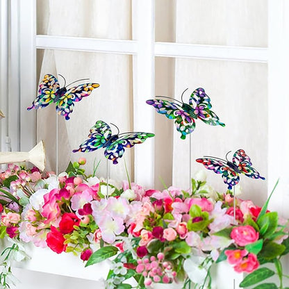 4Pcs Butterfly Garden Stakes Decor, Colorful Butterflies Decorations, Metal Yard Art for Outdoor Lawn Porch Pathway Yard Patio Plant Pot Ornaments (Butterfly- D)