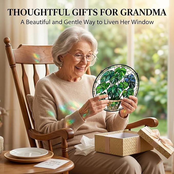 Birthday Gifts for Women - Green Monstera Plant Faux Stained Glass Window Hanging Sun Catcher for Door Garden Acrylic Decor Mother's Day Christmas for Mom Nana Grandma Sisters Wife 9.8"