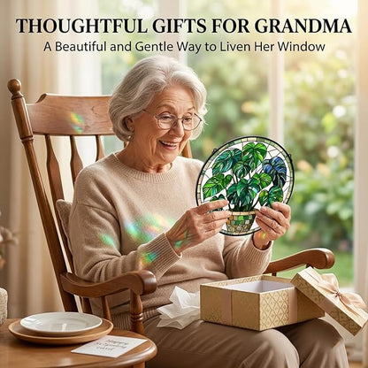 Birthday Gifts for Women - Green Monstera Plant Faux Stained Glass Window Hanging Sun Catcher for Door Garden Acrylic Decor Mother's Day Christmas for Mom Nana Grandma Sisters Wife 7.8"