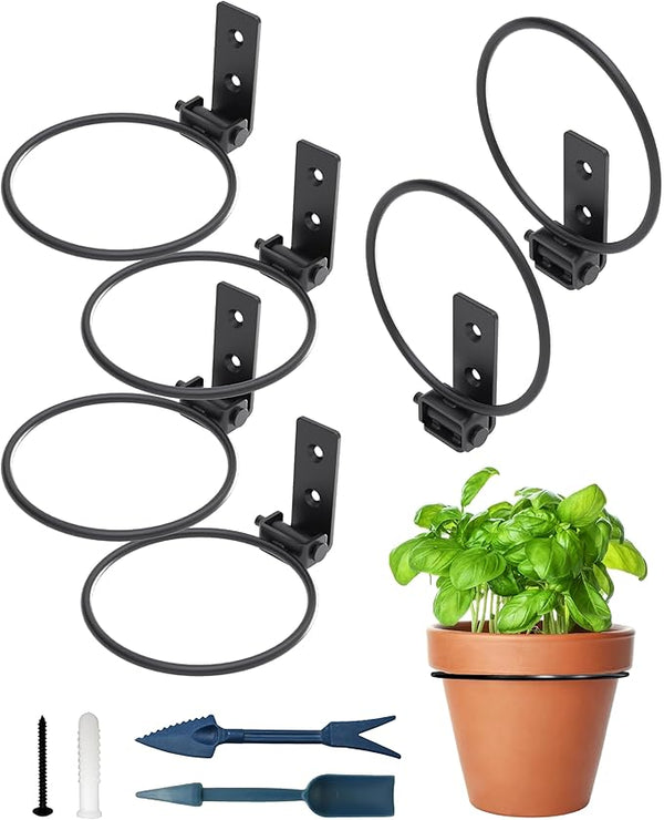 NACETURE Flower Pot Holder Ring for Wall Mount Foldable – Heavy Duty Round Metal Planter Hooks Hangers - Fence Pot Plant Holders Hanging Bracket for Outdoor Indoor (4 Inch 6 Pack)