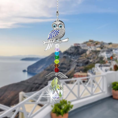 Hanging Crystal Charm Owl Suncatcher for Window and Home Decor,Blue Evil Eye Protection and Good Luck Car Charm Pendant (Owl)
