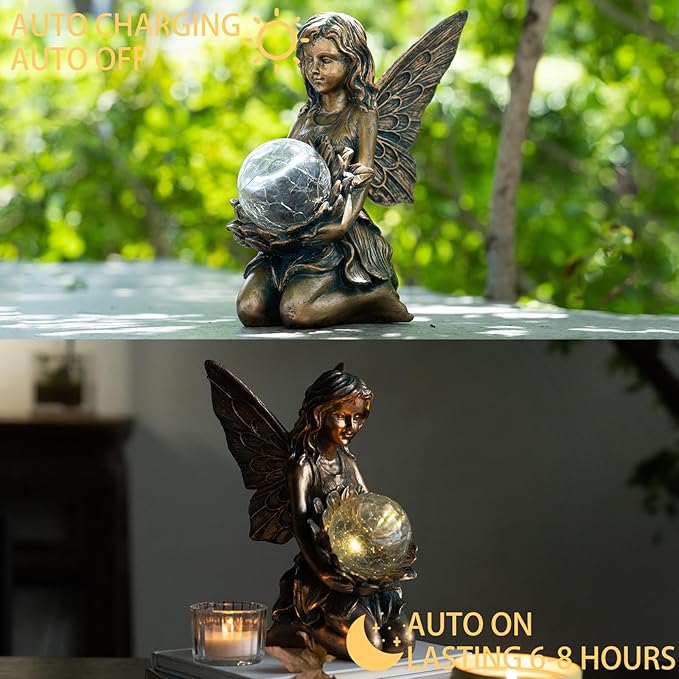 Suyorpe Garden Statues Outdoor Flower Fairy Decor,Solar Powered Outdoor Resin Statues-Patio Lawn Yard Porch, Funny Fairies Ornaments Figurines for Outside Garden Gifts,8.31 Inches Tall