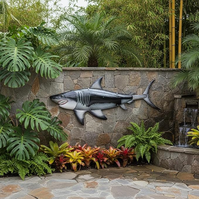 LIFFY Metal Shark Wall Decor, 36 Inch Large Fish Wall Art with Glass Accents, Hanging Ocean Theme Artworks Sculpture Decorations for Indoor Outdoor, Unique Nature Gift for Sharks Lover