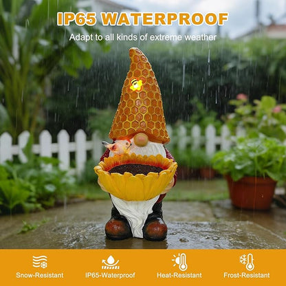 Sunflower Gnome Statue with Solar LED Lights, Solar Powered Garden Gnome for Outdoor Decor, Auto On/Off Waterproof Yard, Patio, Lawn Ornament, Unique Gift for Mother’s Day & Housewarming