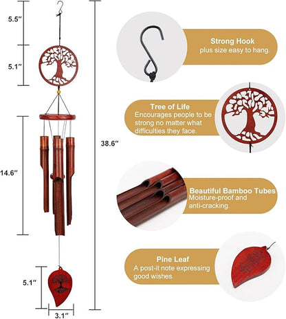 Bamboo Wind Chimes Outdoor, 38" Wooden Wind Chime for Outside Deep Tone Windchimes for Garden Hanging Home Décor Tree of Life Sympathy Memorial Gift for for Any Occasion