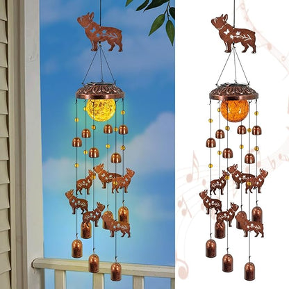 French Bulldog Solar Wind Chimes for Outside,Metal Dog WindChimes with Cracked Glass Lights,Hanging Solar Lights Outdoor,Yard,Patio,Garden,Porch Decor