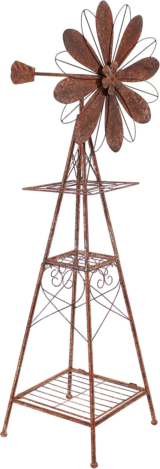 Sunnydaze 51-Inch Rustic Windmill Metal Garden Statue with Tiers - Yard Art, Lawn and Garden Sculpture Decor - Brown/Copper