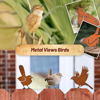 5-Pack Rustic Metal Bird Statues for Outdoor Garden - Vintage Yard Art Decor with Realistic Bird Shapes for Fence, Patio, Lawn Ornament