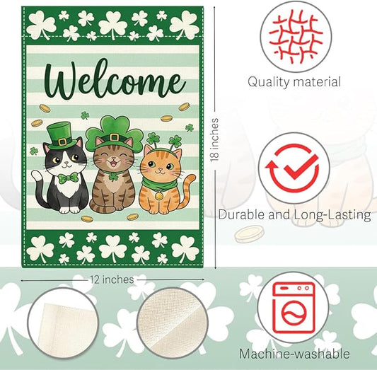 Cat Welcome St Patricks Day Garden Flag Lucky Shamrock Irish March Garden Flag St Patricks Day Double Sided Outdoor House Flag for Outside Yard Decorations 12×18 Inch