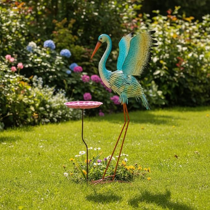 39“ Metal Heron Bird Statue with Pink Birdbath, Garden Statue Decor Yard Art for Lawn, Backyard - Unique Animal Figurine for Birthday, Housewarming, Christmas