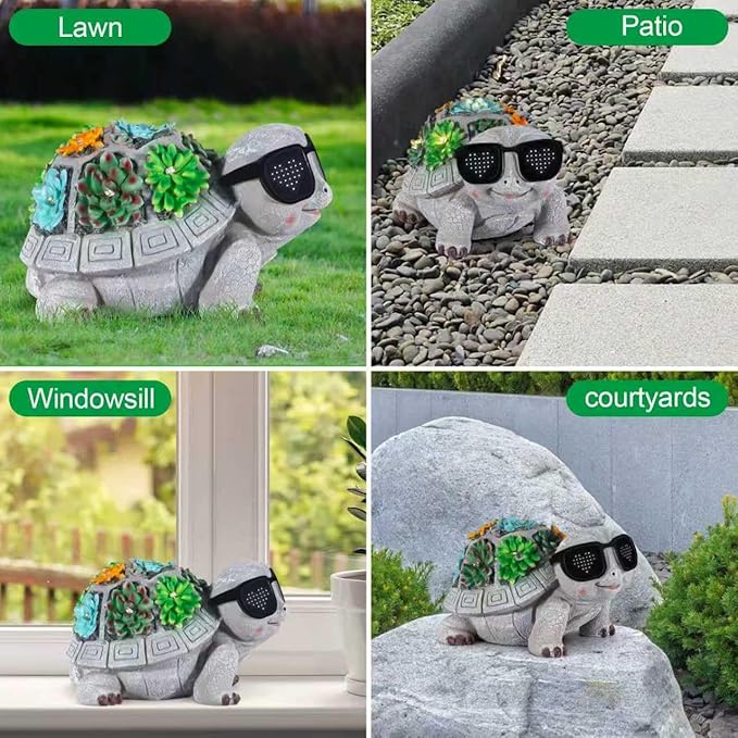 Unique Solar Garden Turtle Statue with I Love You LED Sunglasses and Succulent LED Lights, Lawn Decor Tortoise Figurine for Patio, Balcony Yard Ornament for Mom, Women & Grandma