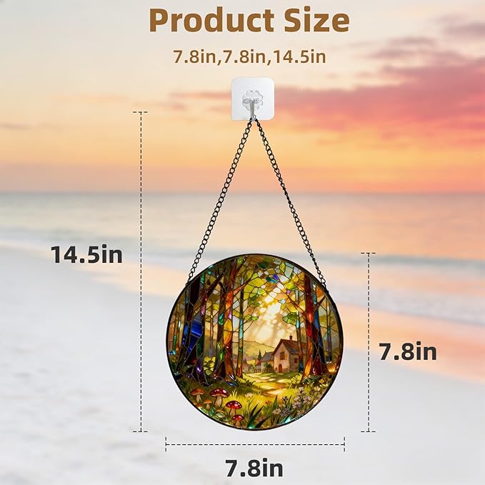 7.8 Inch Stained Glass Window Hanging, Forests and Trees Sun Catchers Glass Panel Green Suncatcher Decor for Birthday for Women, Men, Wife, Aunt, and Mom
