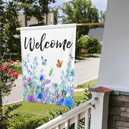 Welcome Garden Flag 28 X 40 In Outdoor Outside Floral Mini Summer Spring Blue Flower Butterfly Dragonfly Bird Yard House Flags Farmhouse Sign For Home Garden Decoration Banner