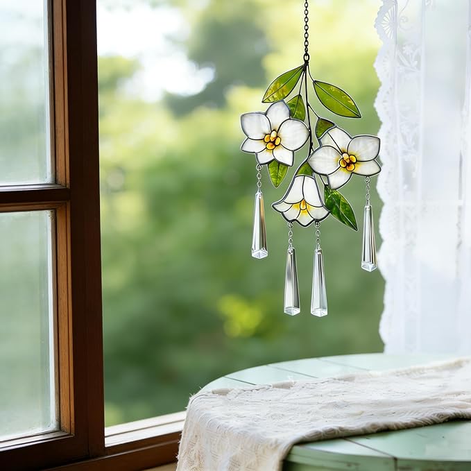 Stained Glass Flower Suncatcher for Window, Handmade Tropical Plumeria Hanging with Crystal Prisms, White Floral Window Decor, Sun Catcher Gift for Women & Plant Lovers