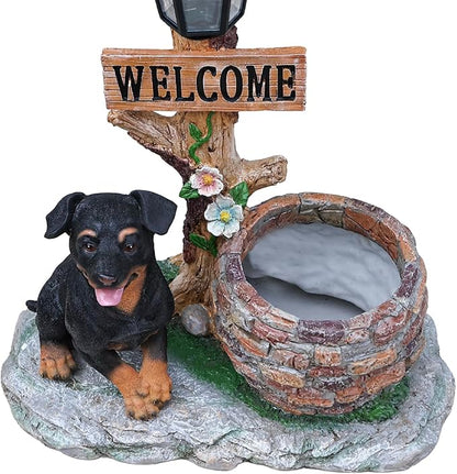 20" Solar Rottweiler Garden Statue with Welcome Sign & Planter - Large Dog Sculpture with LED Street Lantern - Weatherproof Resin Decorative Flower Pot for Porch, Yard & Patio - Pet Lover Gift